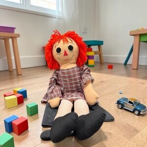 Raggedy Ann Cloth Doll Red Yarn Hair Plaid Dress 'I Love You' Heart Embroidery